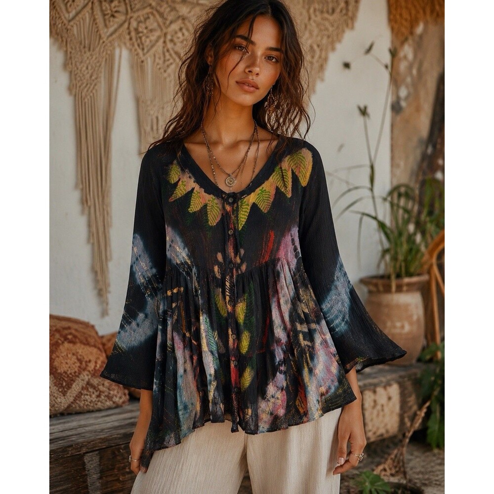 Sacred Threads NWT Unique Colorful Crinkled Empire Boho Tunic Top Shirt O/S M